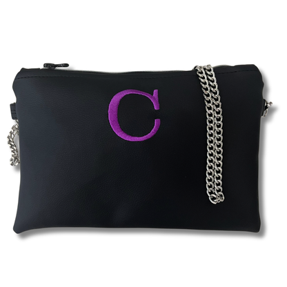 Pochette personalizzata in similpelle nera ricamo viola tracolla argento mod. regular