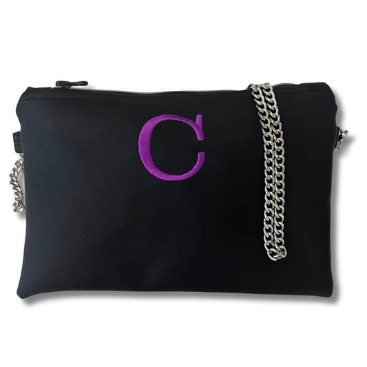 Pochette personalizzata in similpelle nera ricamo viola tracolla argento mod. regular