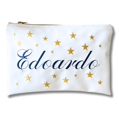 Pochette personalizzata con nome in similpelle bianca ric. blu stelle oro mod. plus