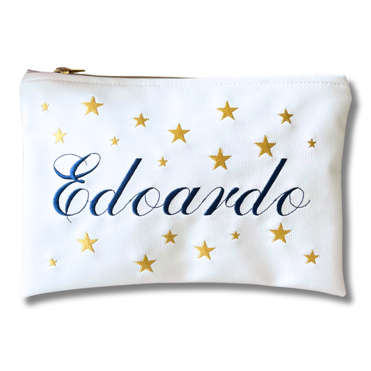 Pochette personalizzata con nome in similpelle bianca ric. blu stelle oro mod. plus