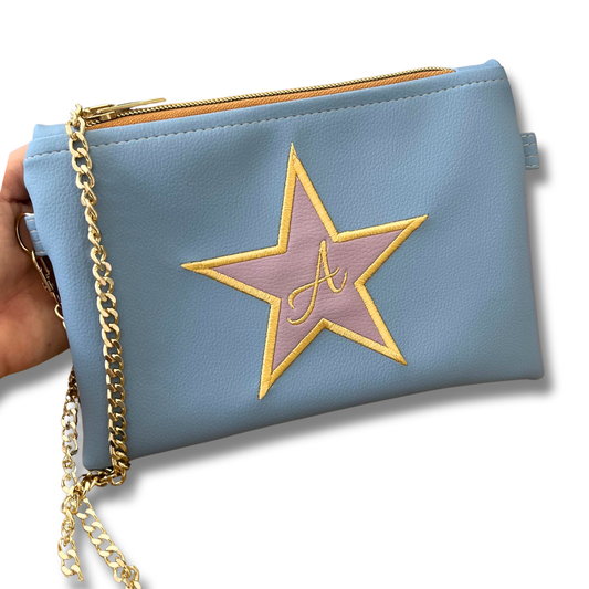 Pochette personalizzata con iniziale in similpelle carta da zucchero ric. stella lilla  mod. mini