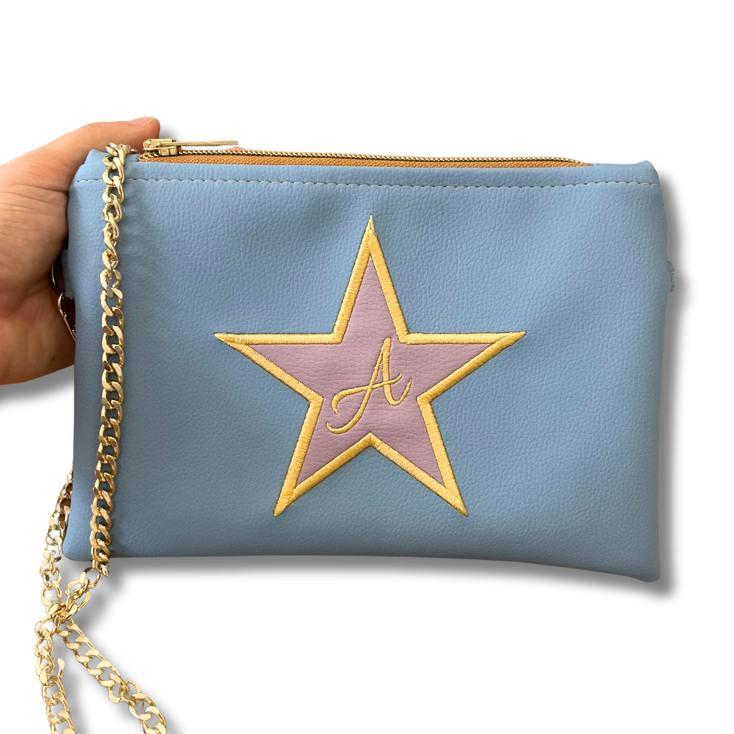 Pochette personalizzata con iniziale in similpelle carta da zucchero ric. stella lilla  mod. mini