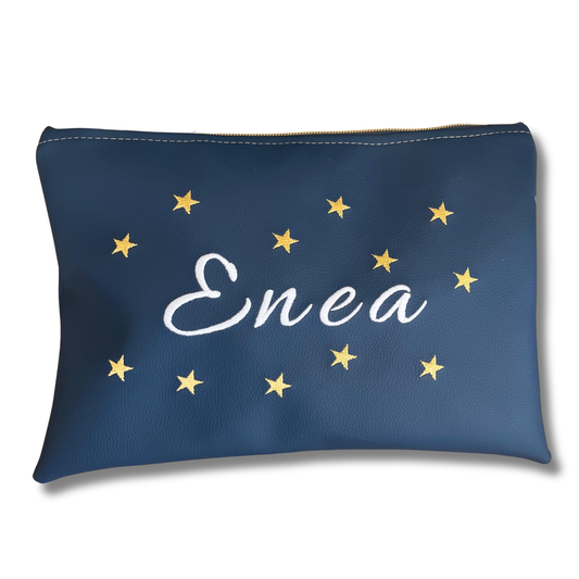 Pochette personalizzata con nome in similpelle blu ric. font allura bianco stelle oro mod. plus