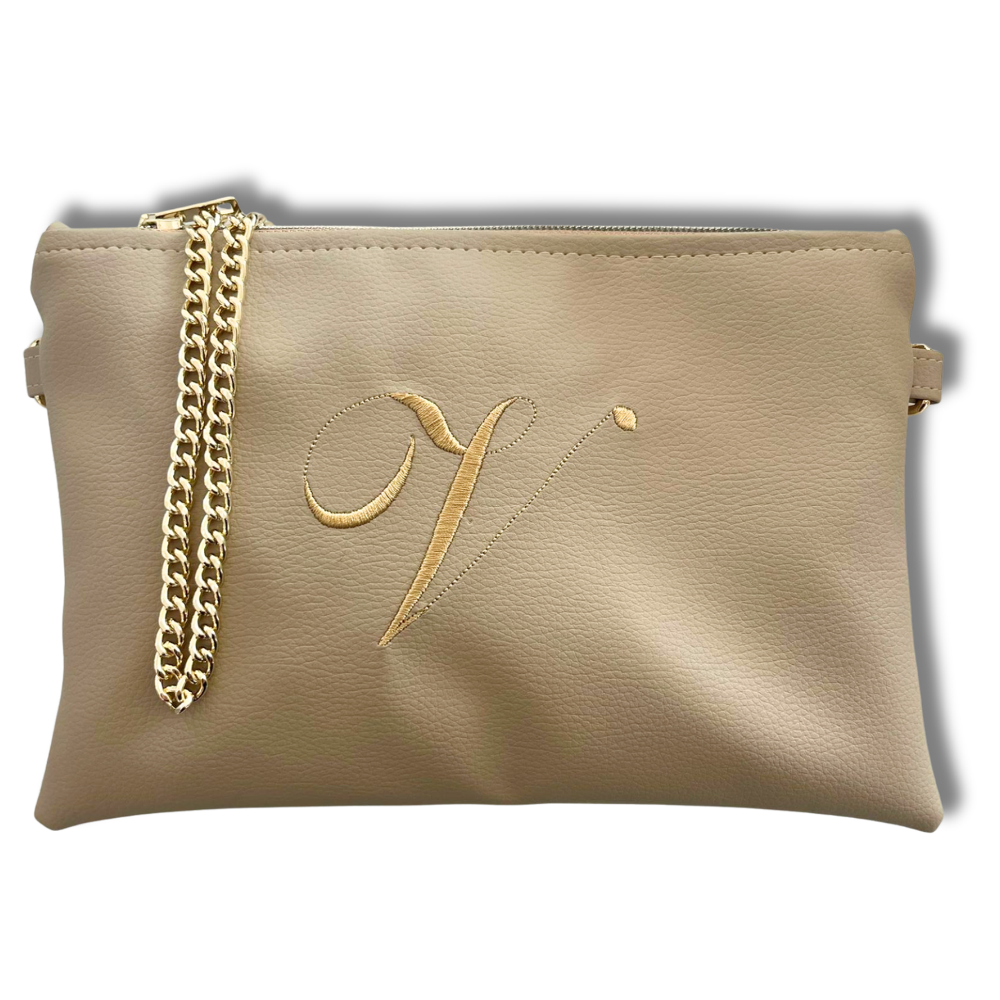 Pochette personalizzata in similpelle sabbia font inglese tracolla oro mod. regular