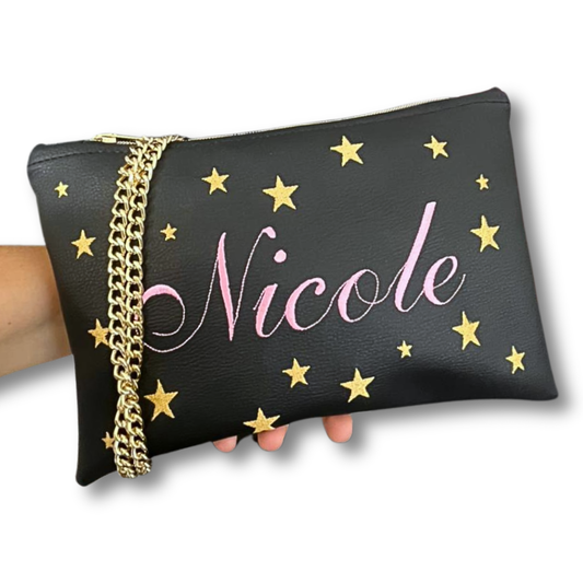 Pochette personalizzata con nome in similpelle nera ric. rosa stelle oro tracolla oro mod. regular