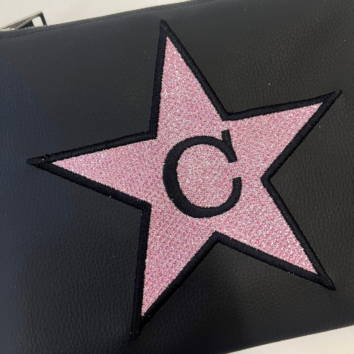 Pochette personalizzata in similpelle nera patch stella glitter rosa mod. petite