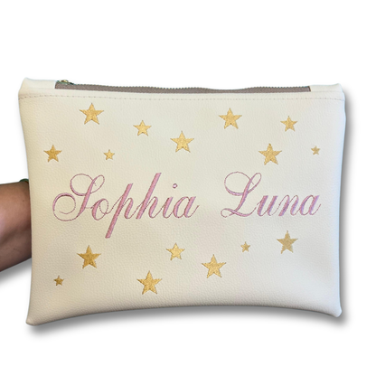 Pochette personalizzata con nome in similpelle panna ric. rosa antico stelle oro mod. regular