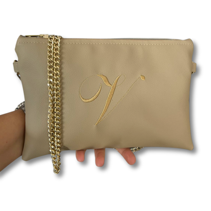 Pochette personalizzata in similpelle sabbia font inglese tracolla oro mod. regular