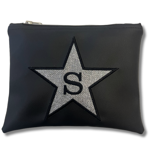 Pochette personalizzata in similpelle nera patch stella glitter argento mod. petite