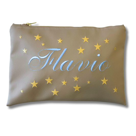 Pochette personalizzata con nome in similpelle sabbia ric. celeste stelle oro mod. plus