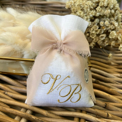 Sacchetto portaconfetti lino e viscosa avorio personalizzato mod. piccolo